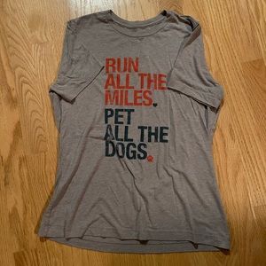 “Run All The Miles, Pet All The Dogs” gray t-shirt, women’s fit, size small